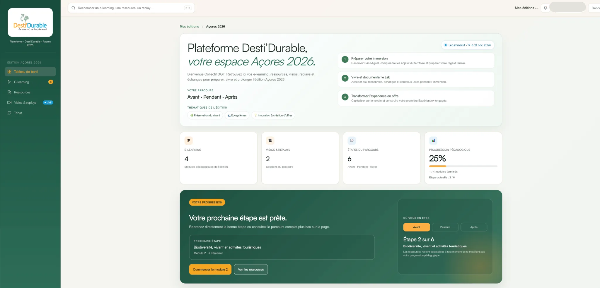 Tableau de bord de la plateforme Desti’Durable